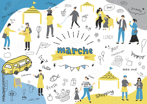 マルシェ　休日のマーケットで楽しむ人々