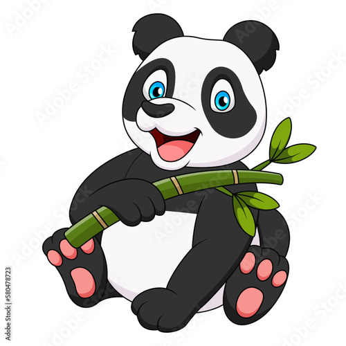 Fototapeta Naklejka Na Ścianę i Meble -  Cute panda cartoon illustration sitting and holding bamboo