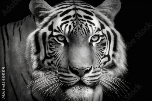 A close up picture of a white Bengal tiger's face in black and white. The most dangerous animal shows how great he is by being calm. A fierce big cat has a wild beauty. Generative AI