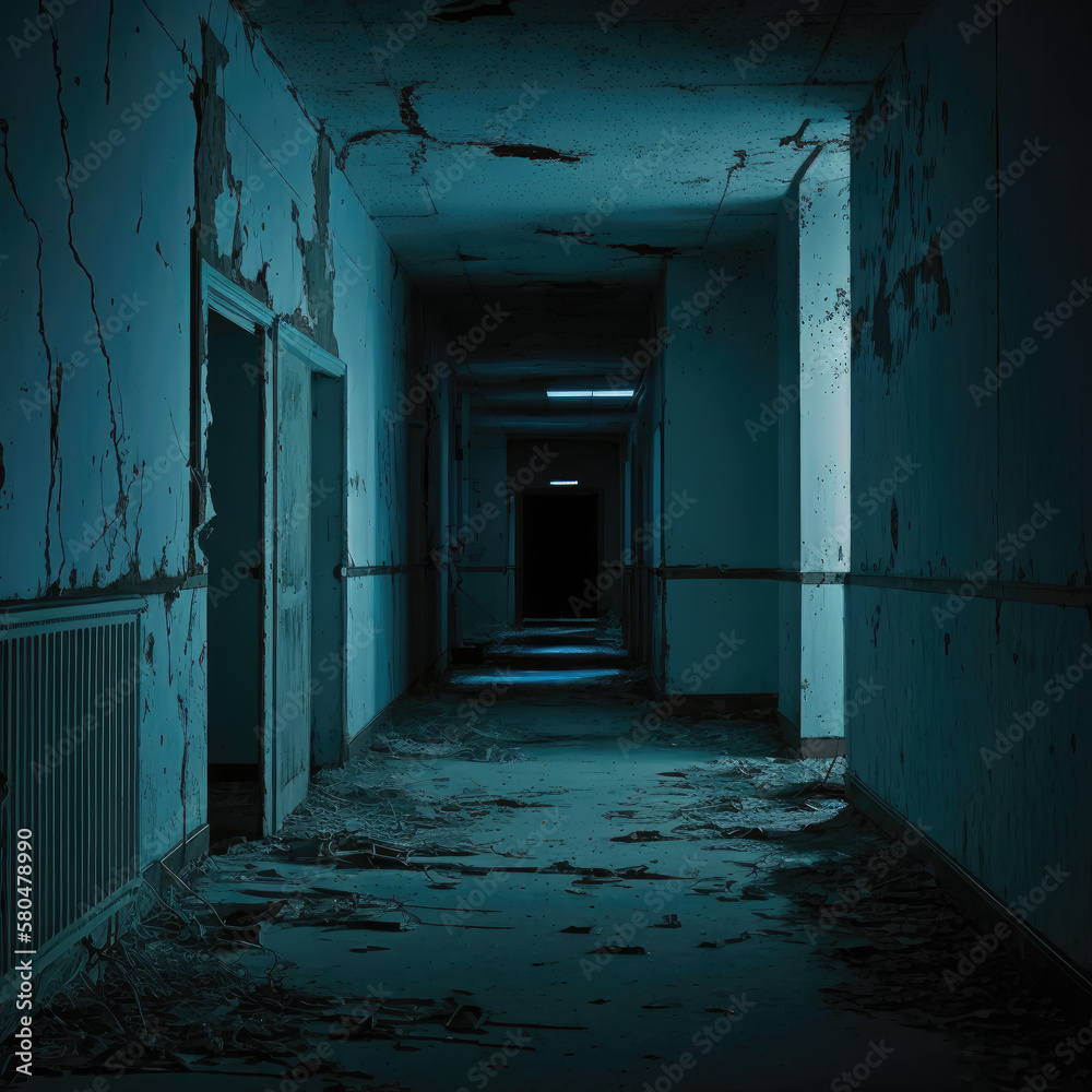 Obraz premium Empty abandoned hallway tunnel passage with debris, 