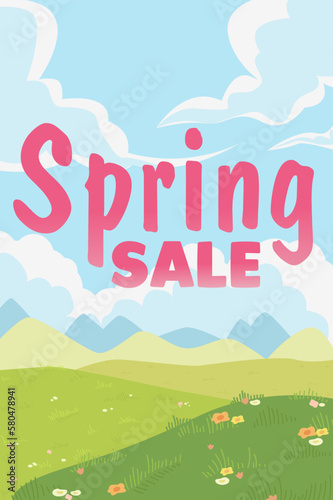 Special offer. Flowers blooming in meadow under blue sky and text Spring Sale. Illustration