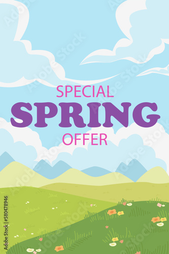 Special Spring Offer. Flowers blooming in meadow under blue sky. Illustration