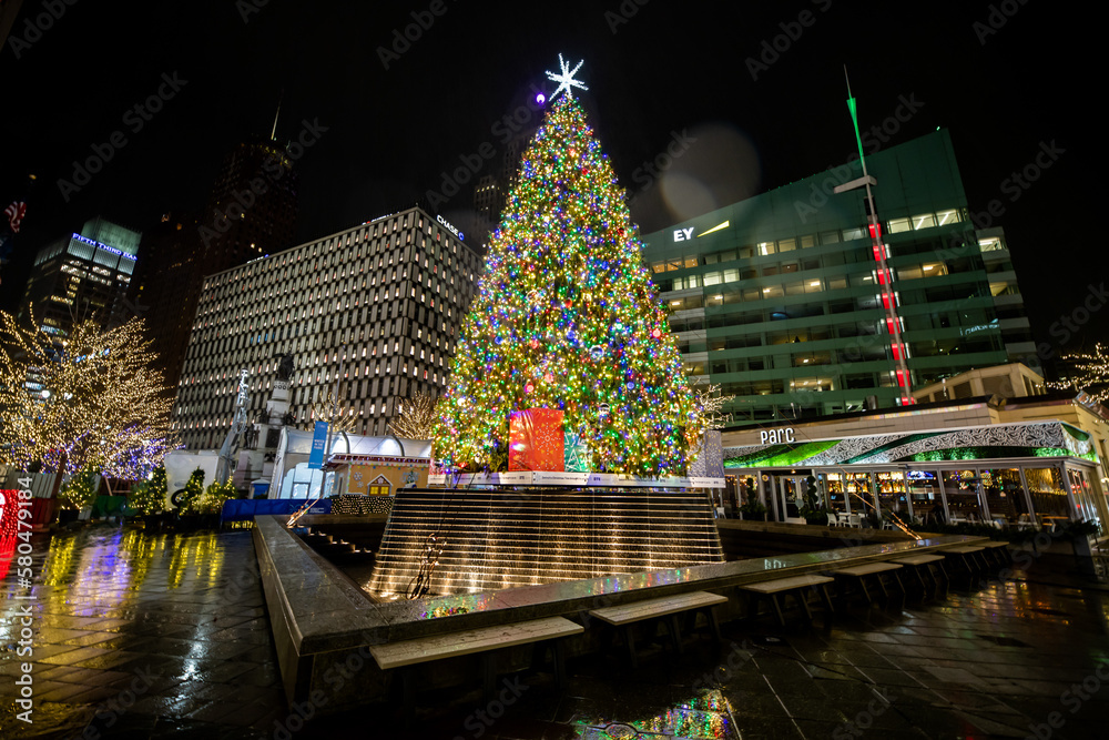 Christmas Tree at Campus Martius Park at night in downtown Detroit