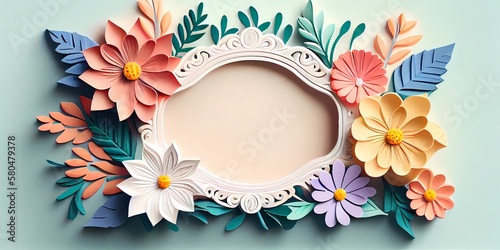 Colorful floral border paper cutout on a green background, Generative AI