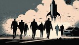 Business concept illustration of group of businessman walking towards a rocket, start up business concept. Generative ai
