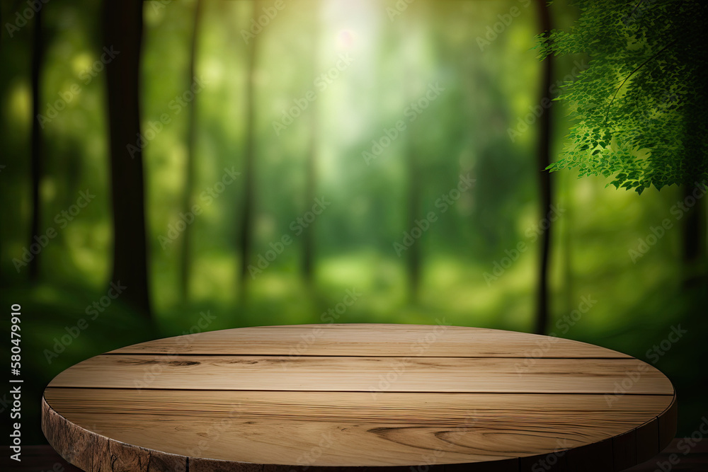 Empty wood table platform with forest background for presentation demonstration, 