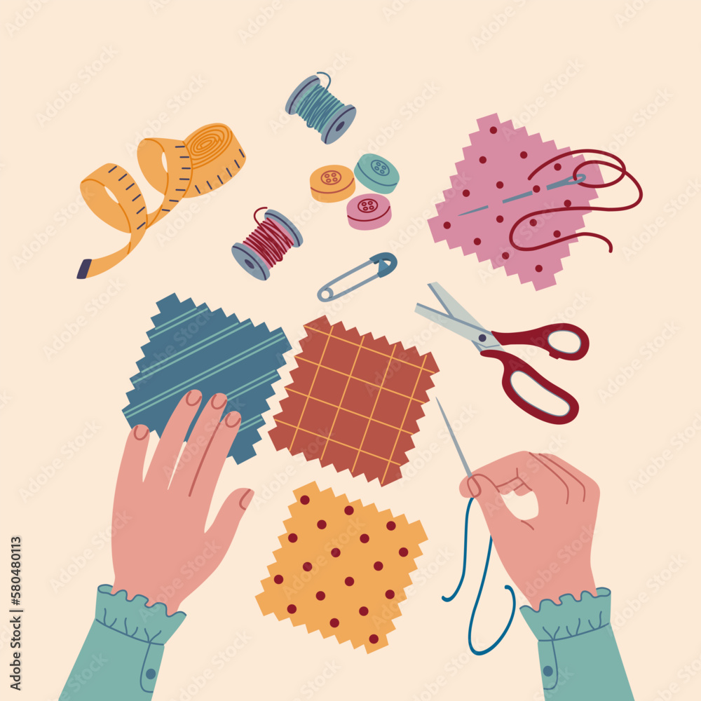Hand doing sewing or patchwork process. Creative workshop for kids. Handmade classes. Hand drawn vector illustration isolated on light background. Flat cartoon style.