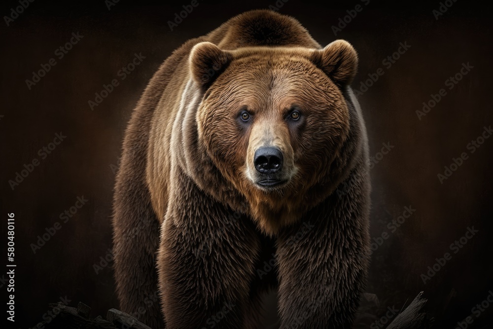 Obraz premium A front view of a brown bear, with the background black. A picture of the Kamchatka bear (Ursus arctos beringianus). Generative AI