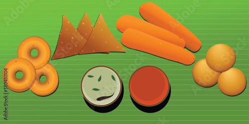 group of south Indian famous tea time snacks are vada, samosa, banana bajji, bonda and coconut, tomato chutney. vector, illustration. 