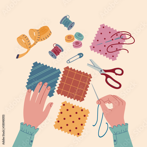 Hand doing sewing or patchwork process. Creative workshop for kids. Handmade classes. Hand drawn vector illustration isolated on light background. Flat cartoon style.