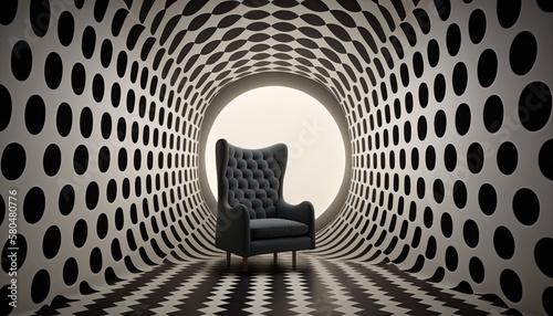 empty black chair in white and black polka dot tunnel room op art, 