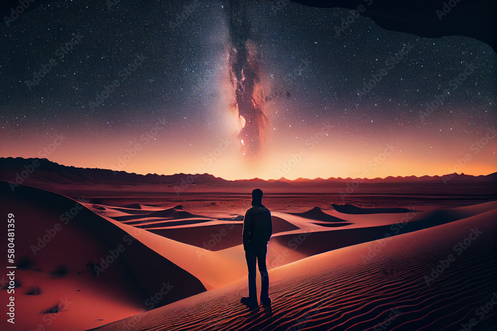 Man in the desert at night with starry sky and milky way.generative ai ...