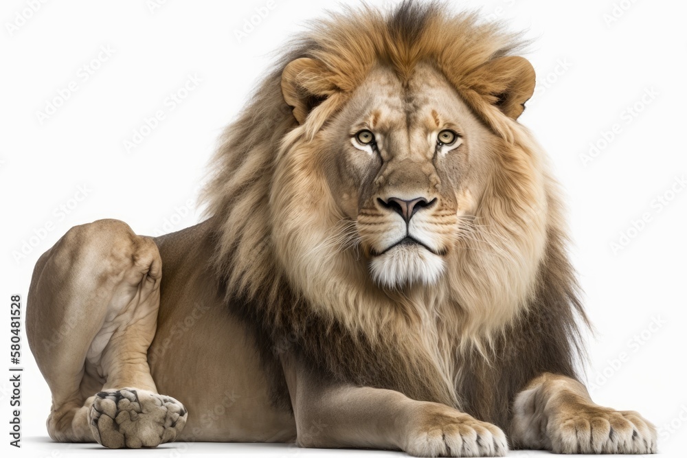8 year old lion (Panthera leo), sitting in front of a white background. Generative AI