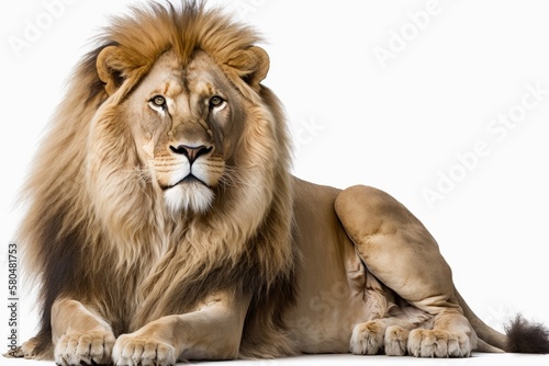 8 year old lion (Panthera leo), sitting in front of a white background. Generative AI