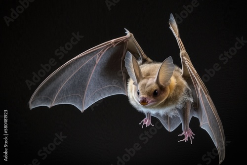 A bat is flying against a black background. The grey long eared bat (Plecotus austriacus) is a big bat that lives in Europe. It has long ears with a fold that make it stand out. It hunts in trees photo