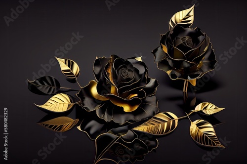 Golden Rose Flowers On Black Background With Blank Copy Space Generative AI