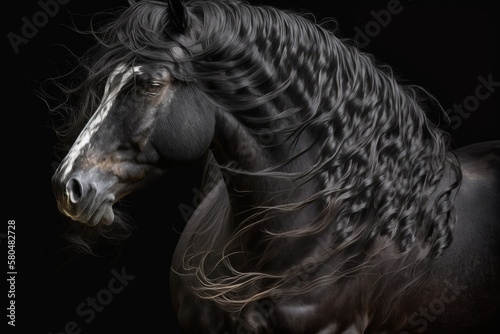 A black Andalusian horse with a long mane is shown in this picture. Generative AI