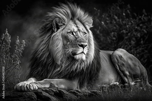 A black and white picture of a lion. Generative AI