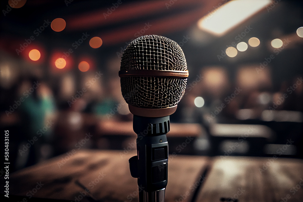 Microphone on stage in concert hall or conference room with attendee  background.generative ai Stock Illustration | Adobe Stock
