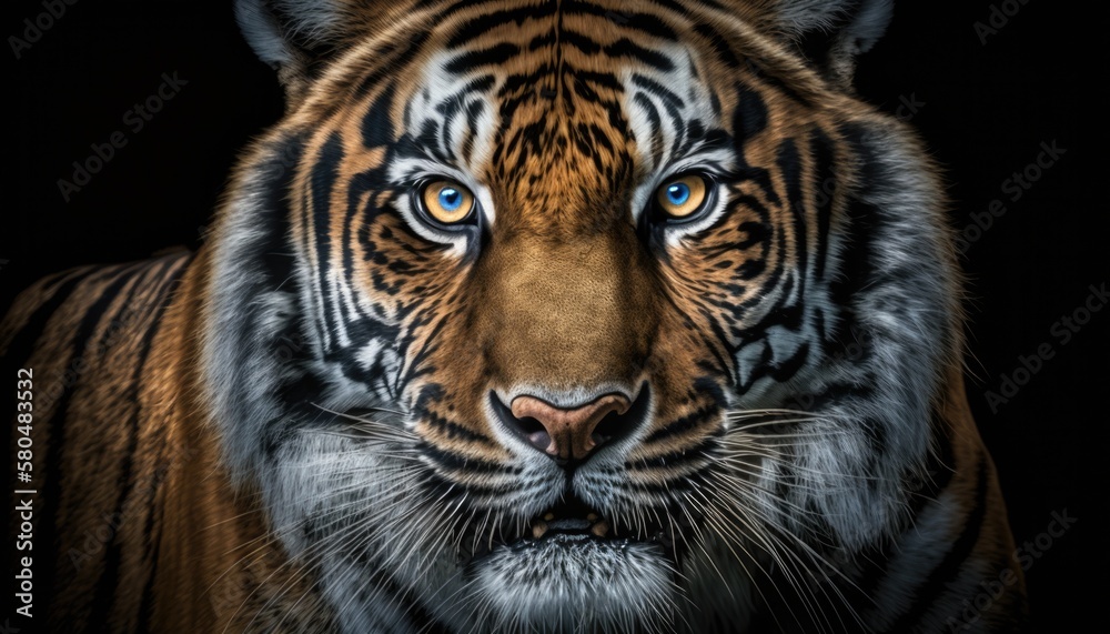 Fototapeta premium tiger with blue eyes is shown with a dark background generative ai