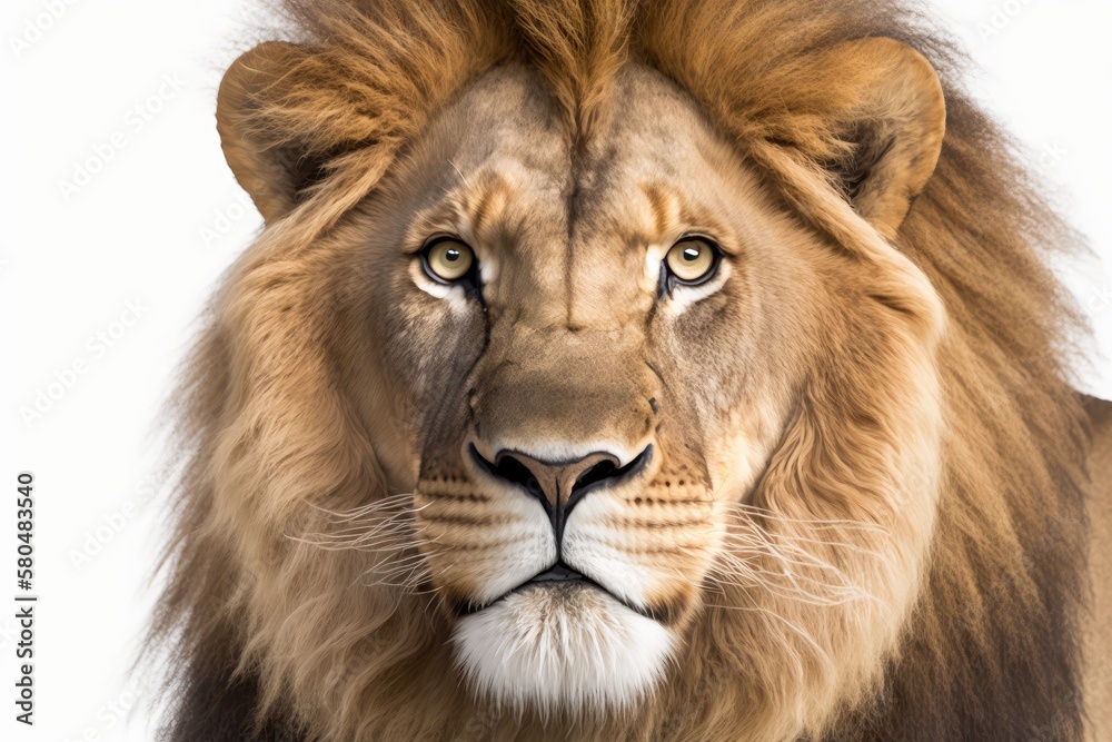 A close up of an 8 year old lion (Panthera leo) in front of a white background. Generative AI