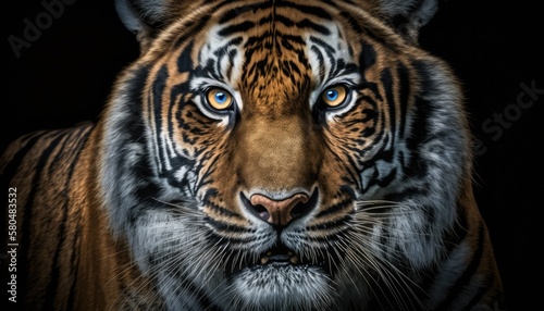 tiger with blue eyes is shown with a dark background generative ai