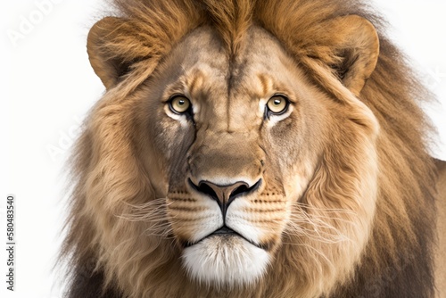 A close up of an 8 year old lion (Panthera leo) in front of a white background. Generative AI