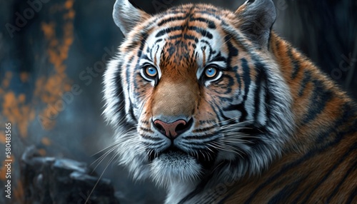 tiger with blue eyes is shown with a dark background generative ai