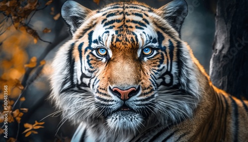 tiger with blue eyes is shown with a dark background generative ai