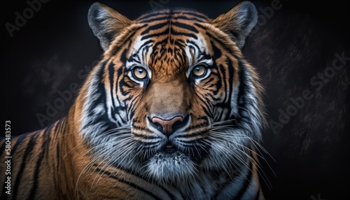 tiger with blue eyes is shown with a dark background generative ai