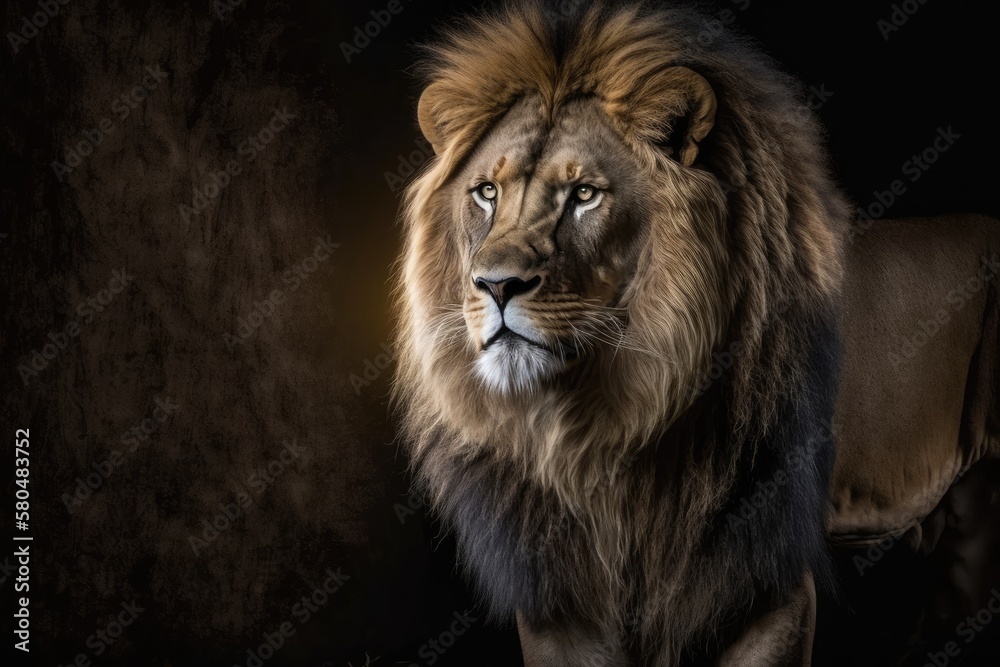 A beautiful, strong lion poses calmly in its dark den. moody lighting for a portrait. Generative AI