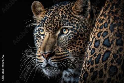 A close up picture of a leopard on a dark background. Generative AI