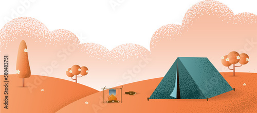 Beautiful Nature landscape. Morning landscape in the mountains. Solitude in nature by the hill. Weekend in the tent. Hiking and camping  style concept illustration.