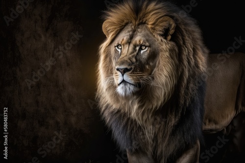 A beautiful  strong lion poses calmly in its dark den. moody lighting for a portrait. Generative AI