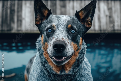 A cattle dog from Australia. Blue heeler dog. Close up dog portrait. A picture of a happy Australian Cattle Dog in the summer. Generative AI photo