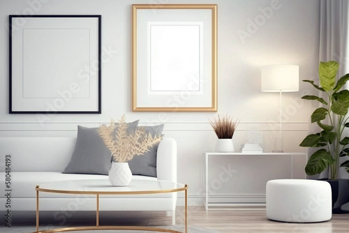 Modern living room with empty blank picture frame mockup in scandinavian style on white wall. Generative ai interior design