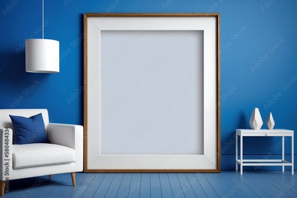 Living room with huge empty blank picture frame mockup in scandinavian style on blue wall. Generative ai interior design Living room with huge empty blank picture frame mockup in scandinavian style on blue wall. Generative ai interior design