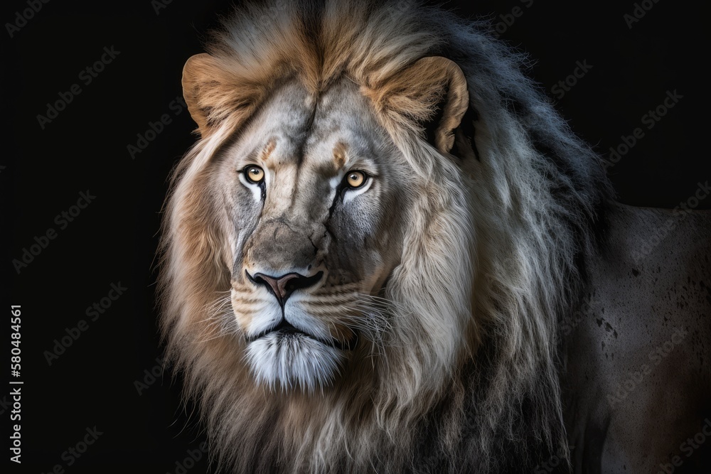 A bleached photo of a portrait of a strong male lion in the dark at night with bright orange eyes, set against a black background. Generative AI