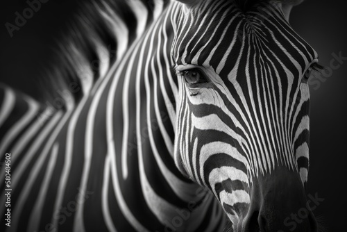 A black and white image of a zebra with a shallow depth of field, with the head and eye in focus and the stripes out of focus. Generative AI