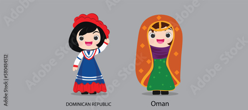 People in national dress.Dominican Republic,Oman,Set of pairs dressed in traditional costume. National clothes. illustration.