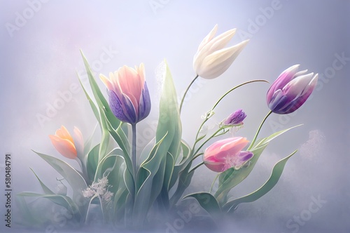 Tulip Flowers Soft Background With Copyspace Generative AI