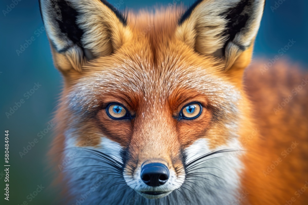 A close up of the head of a wild young red fox who is staring straight ahead with his sharp eyes. The animal has pointed ears, a black muzzle, soft red fur, and a cute look on its face. It has a blue A close up of the head of a wild young red fox who is staring straight ahead with his sharp eyes. The animal has pointed ears, a black muzzle, soft red fur, and a cute look on its face. It has a blue