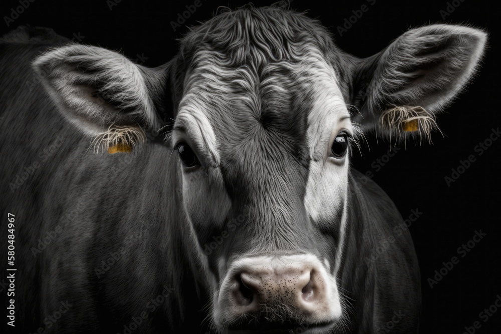 A close up picture of a sad farm cow on a black background. Generative AI A close up picture of a sad farm cow on a black background. Generative AI
