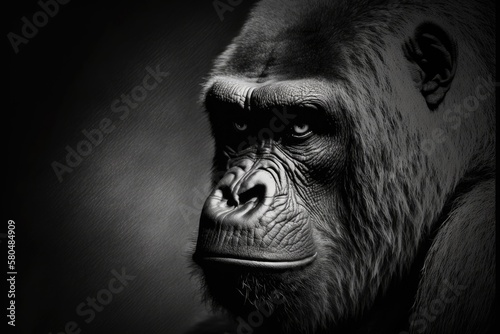 A black and white animal portrait of a gorilla's face in shadows with a lot of contrast. Generative AI