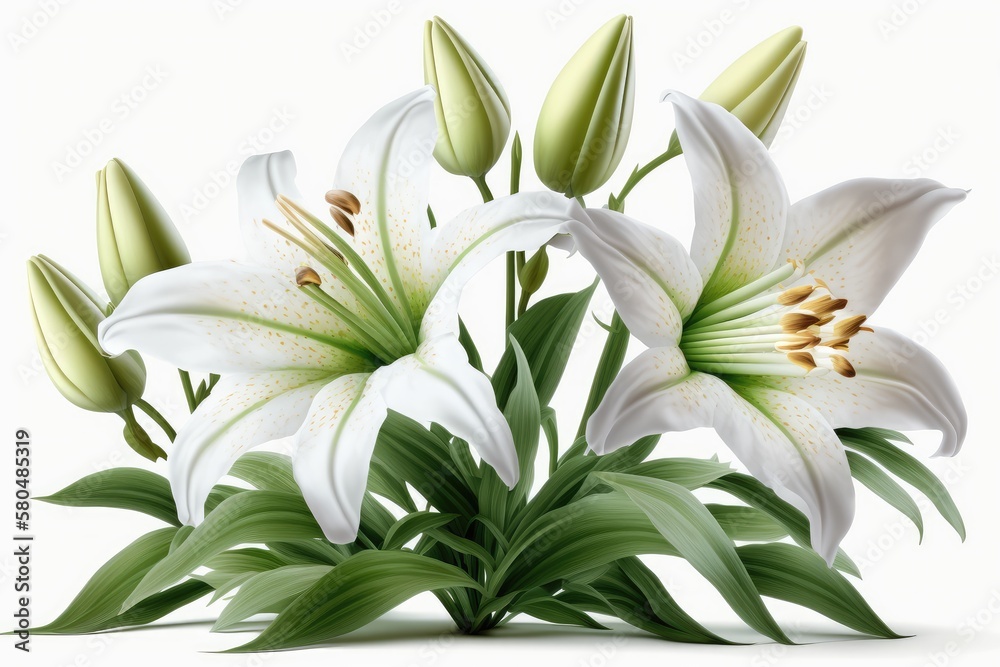 Obraz premium Happy Easter; Easter flowers most popular in design: Easter Lily - A classic symbol of Easter, the white trumpet-shaped flowers represent purity and hope.