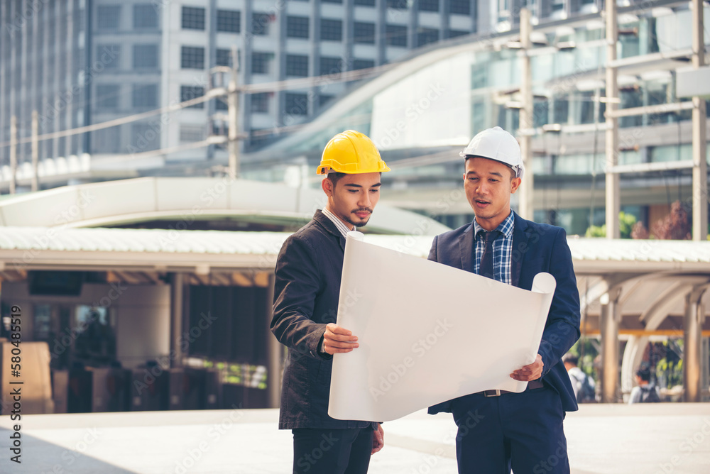 Two men engineer look at blueprint architecture building contractor design in modern city development. Males engineer holding project planing partner teamwork. Man meeting together construction site Two men engineer look at blueprint architecture building contractor design in modern city development. Males engineer holding project planing partner teamwork. Man meeting together construction site