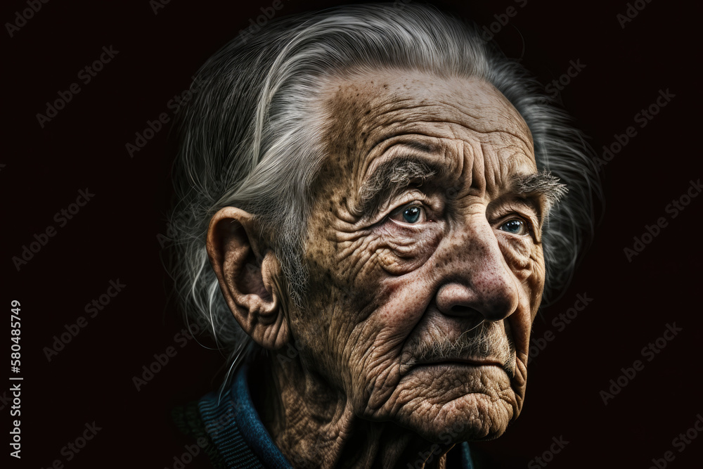 An old man in dark background, side view shot. Created with generative AI technology. An old man in dark background, side view shot. Created with generative AI technology.