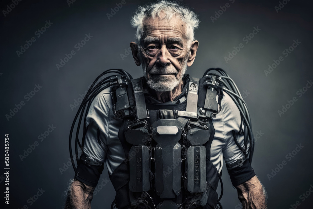 An old man wearing an exoskeleton suit. Modern aging concept. Created with generative AI technology. - obrazy, fototapety, plakaty 