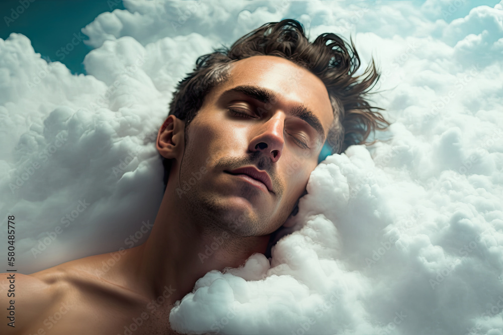Man sleeping peacefully on clouds, lucid dream concept