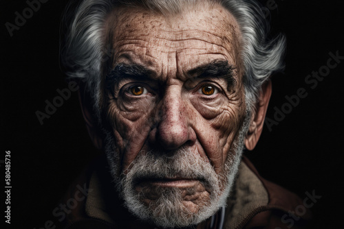 An old man in black background, close up shot. Created with generative AI technology.
